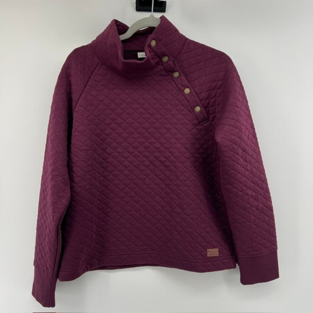 LL Bean Quilted Pullover Sweatshirt Snap Neck Womens M-P Plum Burgundy Mock Neck